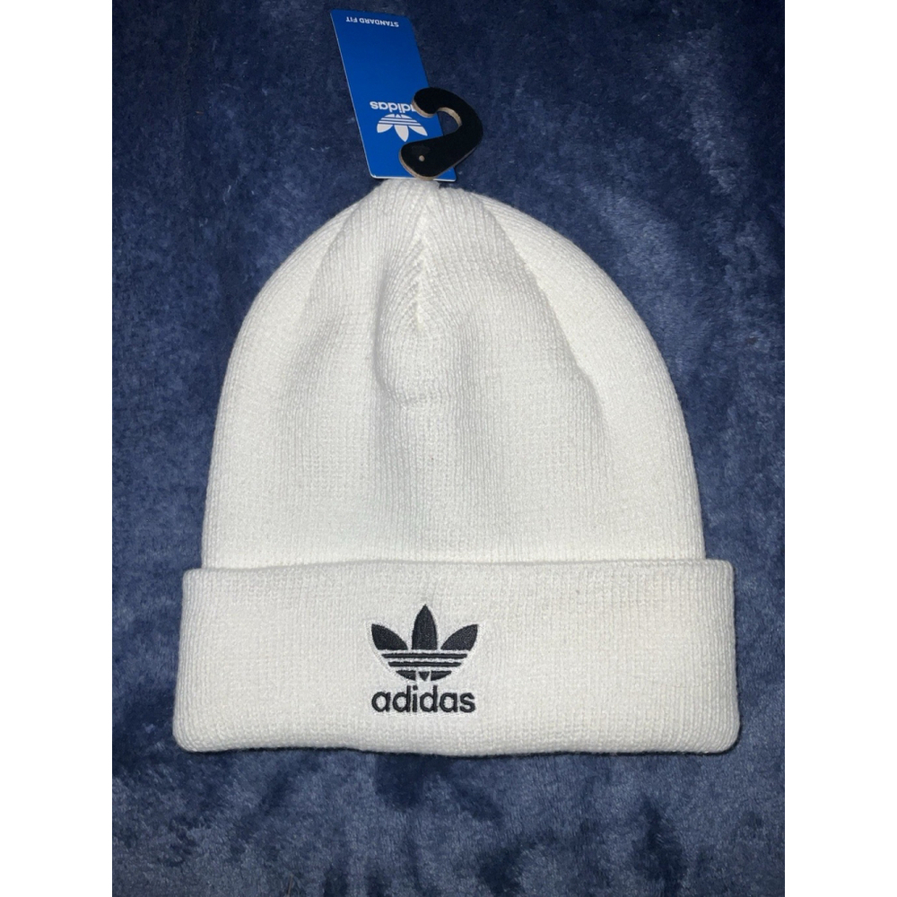 Adidas Beanie White With Black Trefoil Logo One Size Unisex - Picture 2 of 6